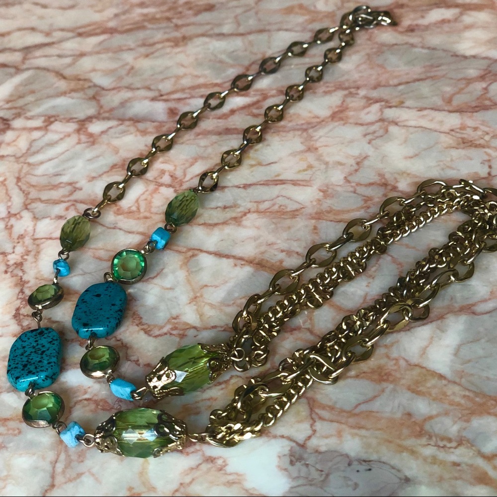 Gold and turquoise tone chain fashion necklace